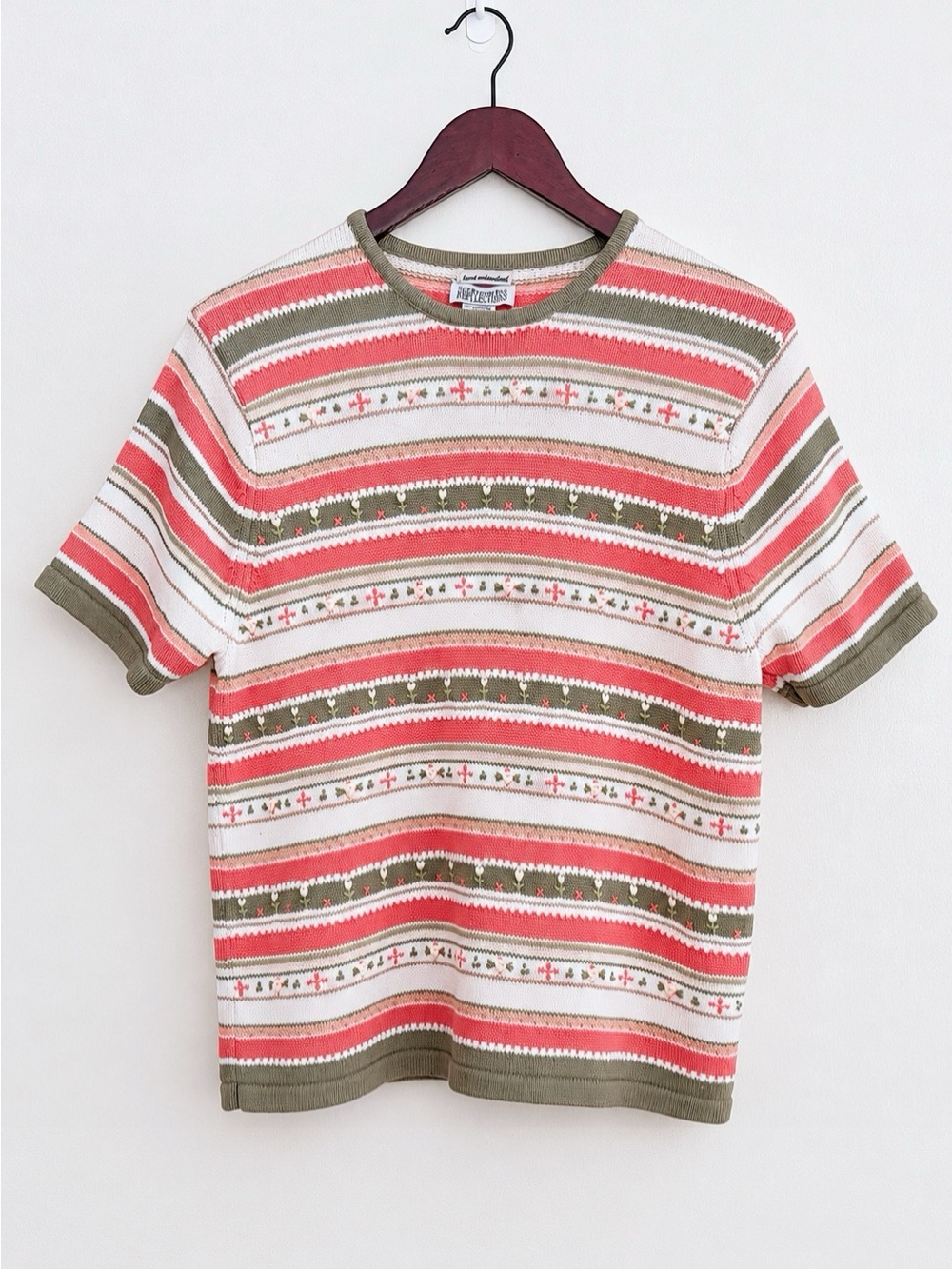 Vintage Northern Reflections Coral Pink Green Striped Hand Embroidered Sweater